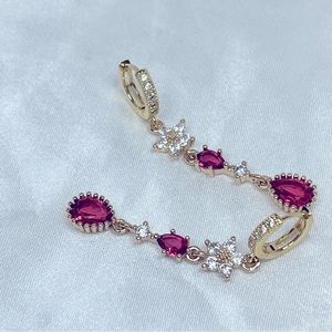 Fushia Magenta Pink White Rhinestone Gold Latchback Handmade Dangle Earrings